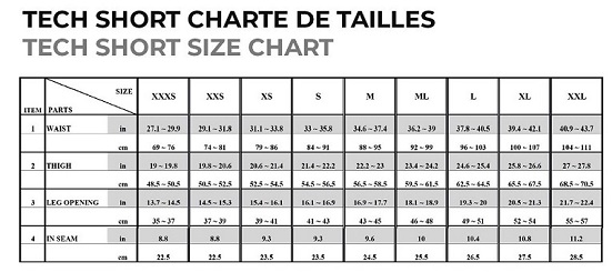 CHARTE DE TAILLES SHORT TECH
